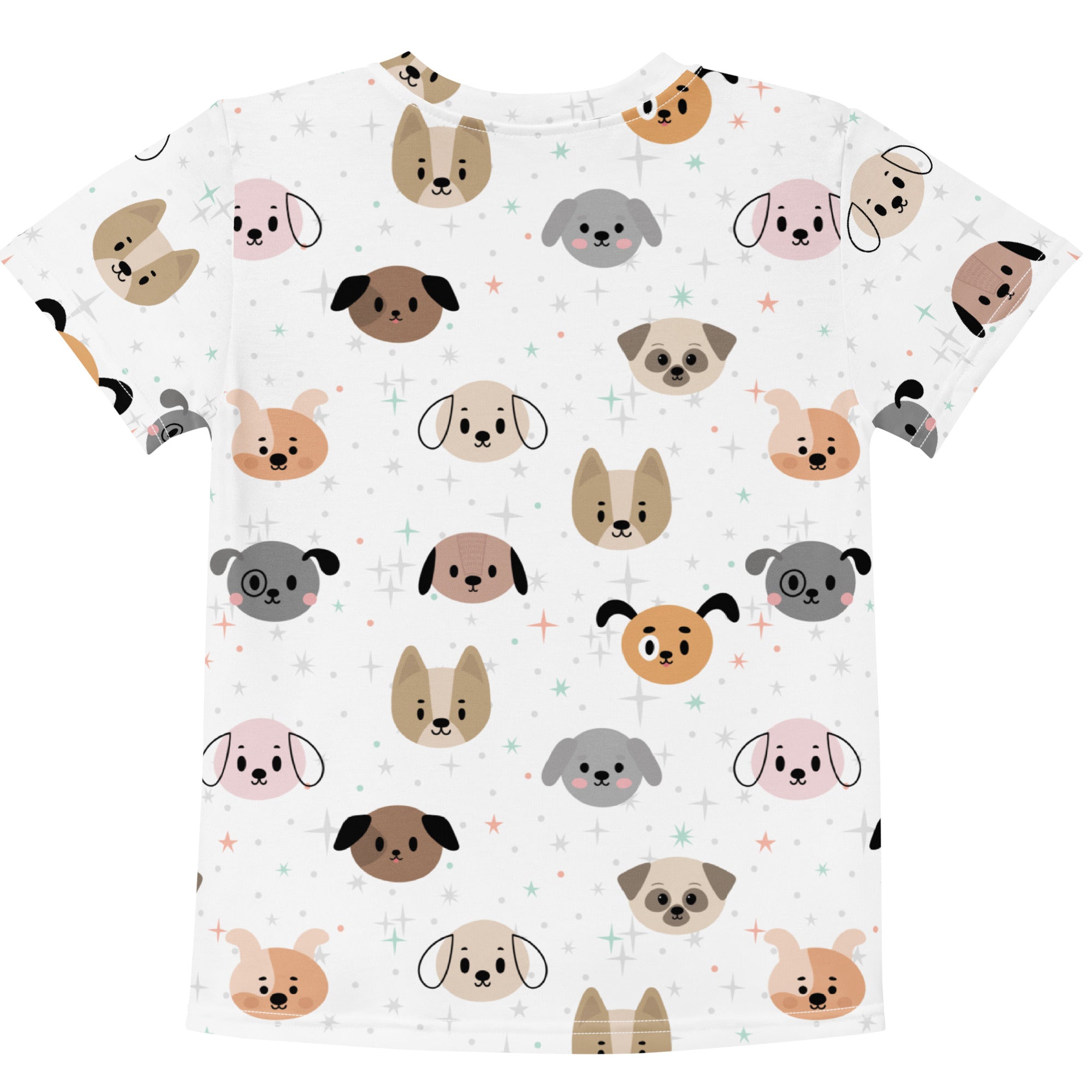 Kids dog face t-shirt white cotton with playful all over cartoon dog print in pastel pink beige and gray colors