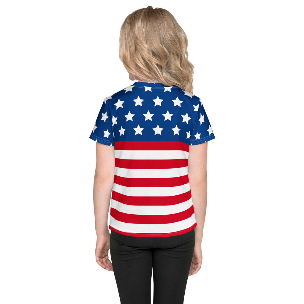 Back view of kids american flag t-shirt with blue and red short sleeves and white stars and stripes print