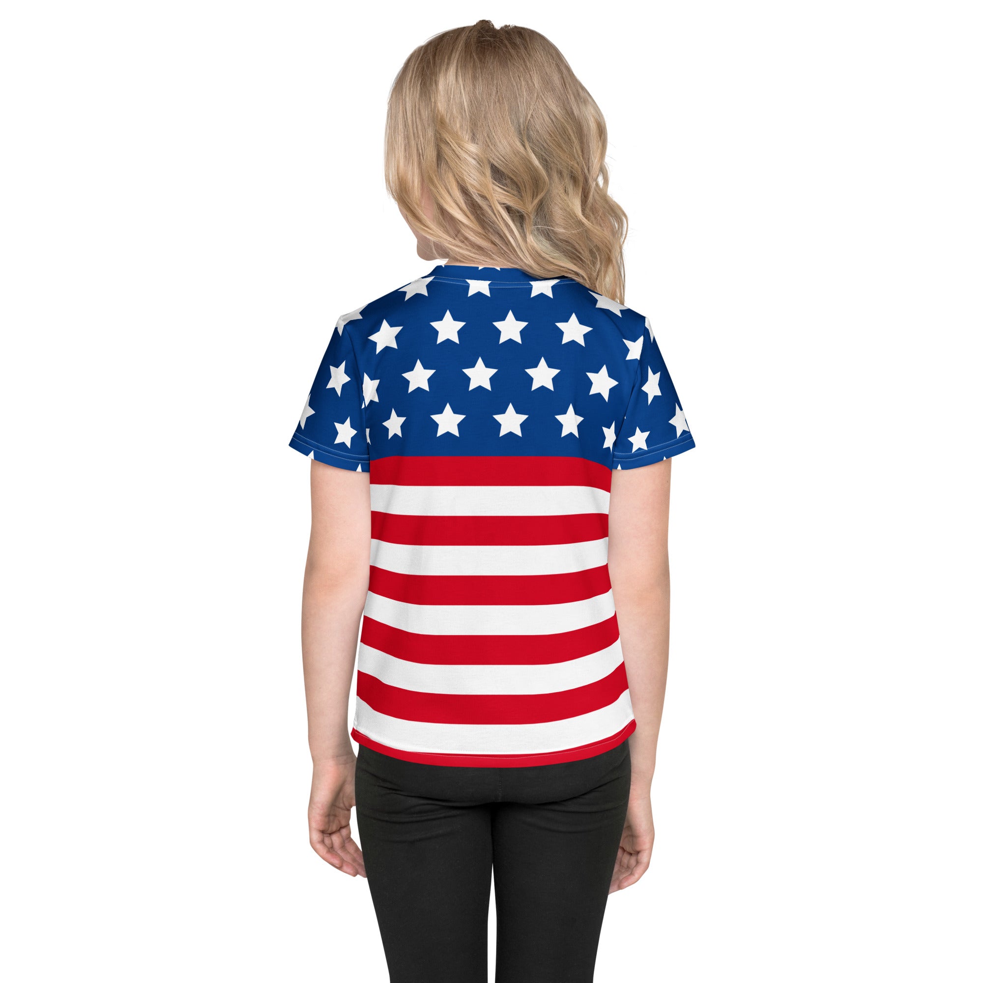 Back view of kids american flag t-shirt with blue and red short sleeves and white stars and stripes print