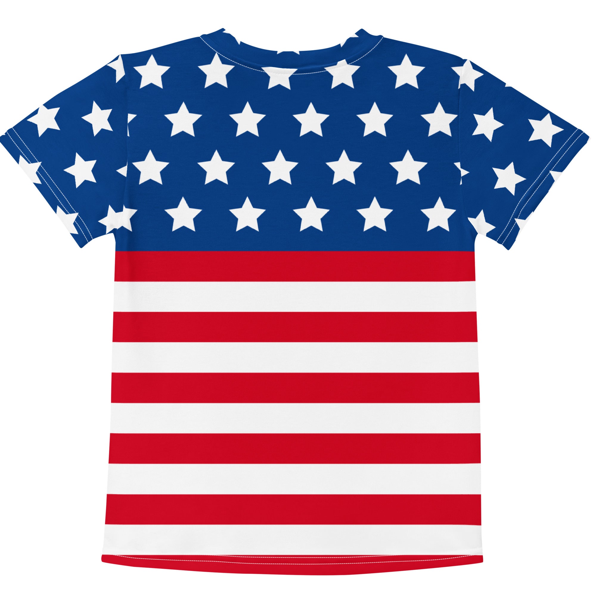 Kids american flag t-shirt in blue and red with white stars and stripes perfect for patriotic wear