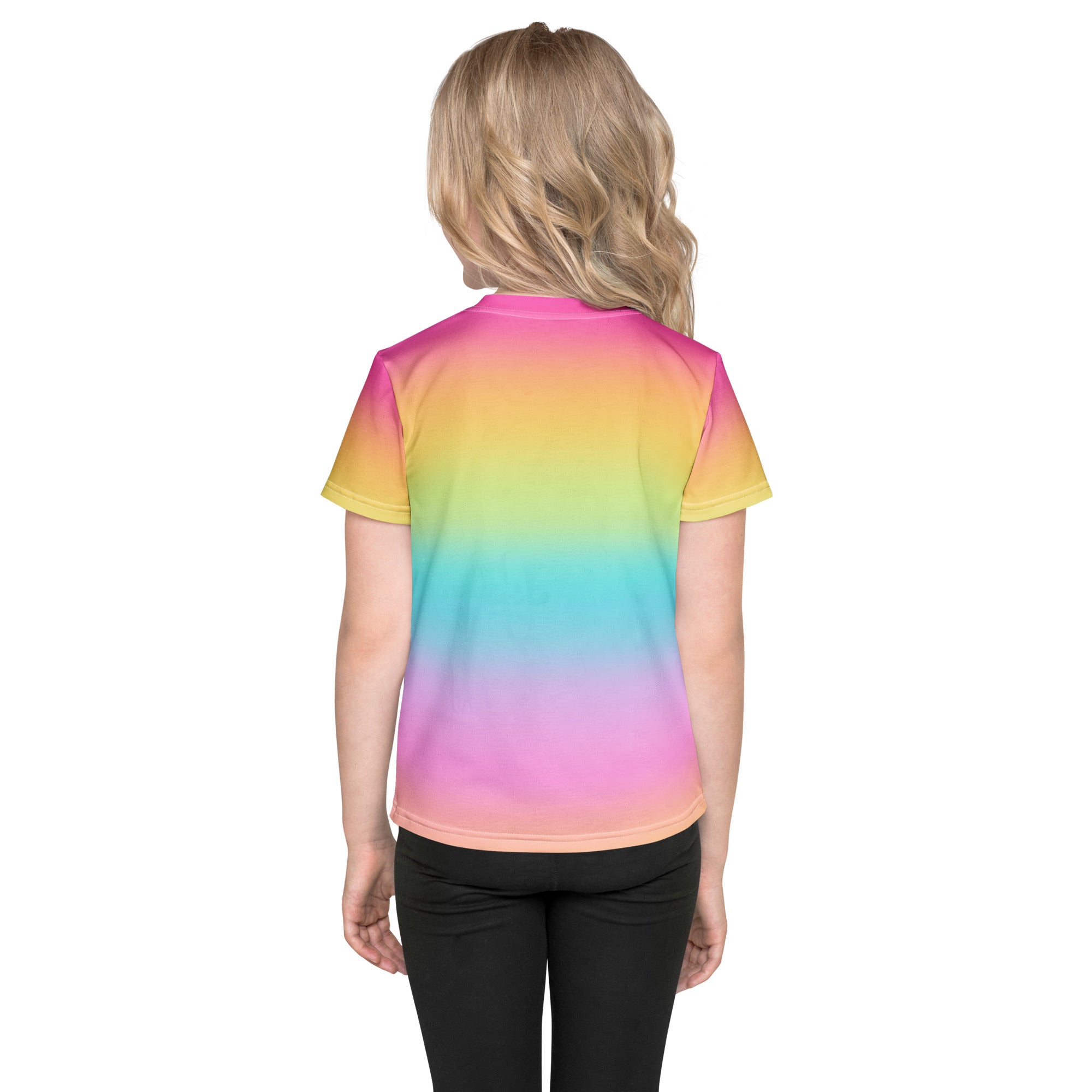 Girls bright rainbow t-shirt with a vibrant rainbow gradient and smooth seamless print on soft fabric