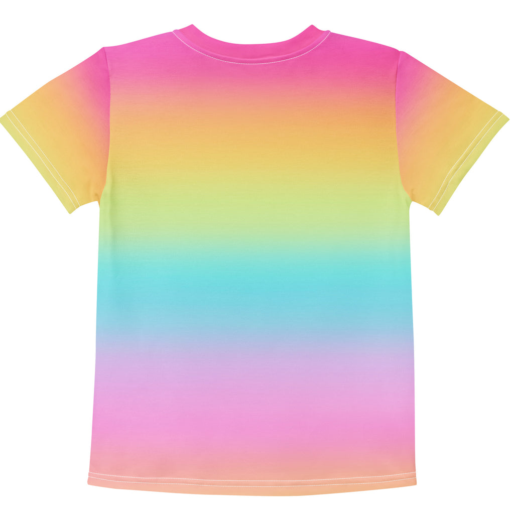 Girls bright rainbow t-shirt featuring a vibrant smooth gradient from pink to yellow to green to blue and back to pink