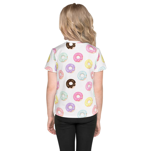 Girls donut print t-shirt white short-sleeved with playful colorful pastel donut all-over print and chocolate glaze accents