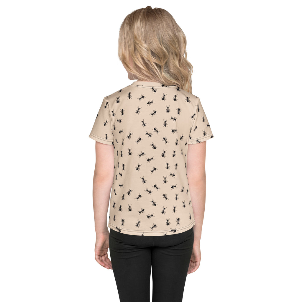 Beige kids short-sleeved cotton t-shirt featuring a black ant pattern perfect for casual wear