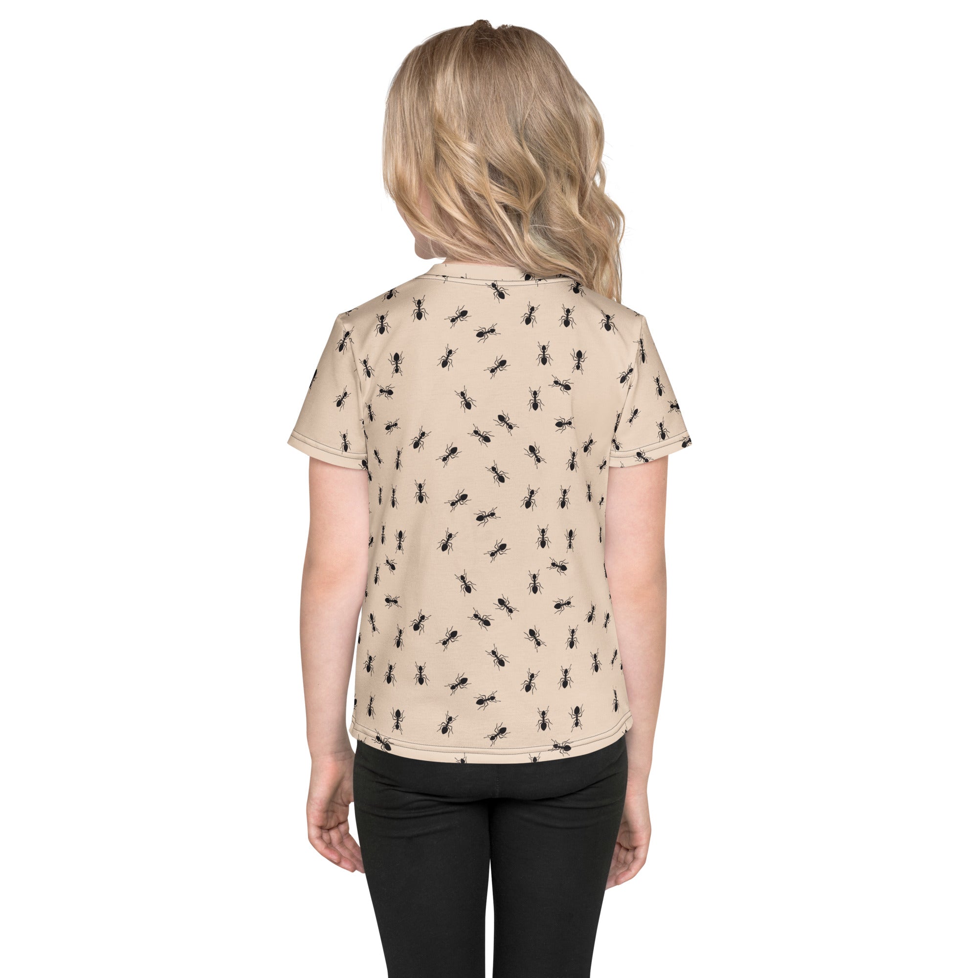 Beige kids short-sleeved cotton t-shirt featuring a black ant pattern perfect for casual wear