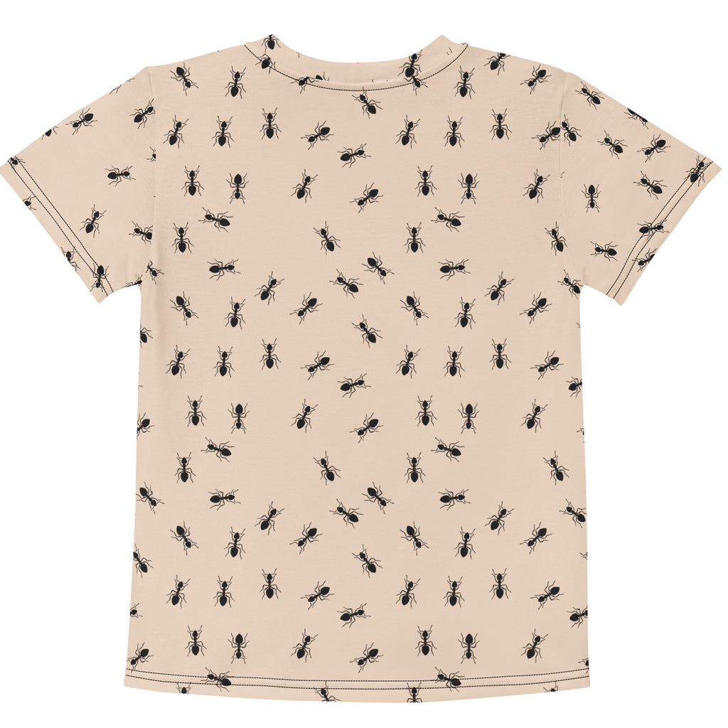 Kids beige short-sleeved t-shirt with a repeating black ant pattern perfect for casual wear