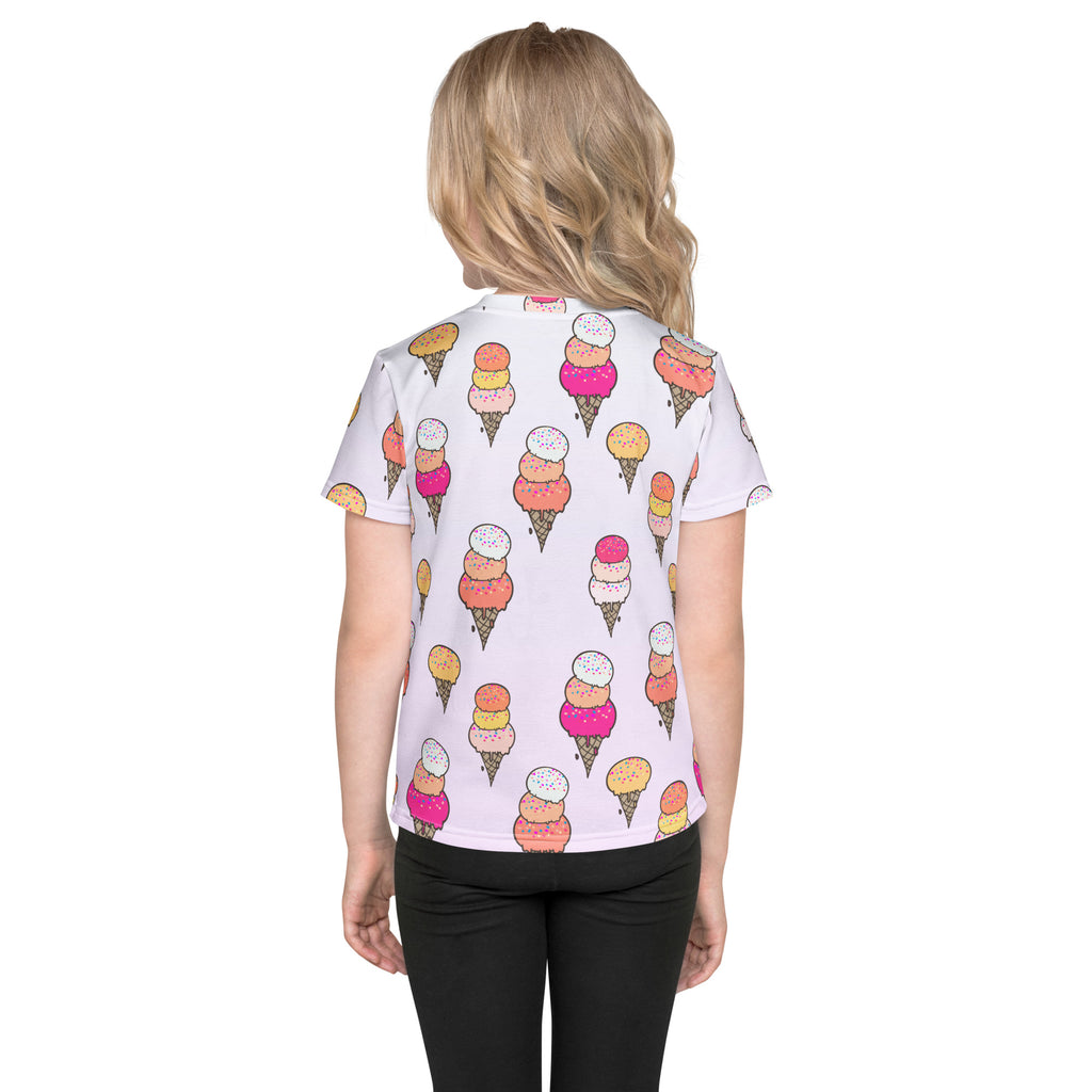 White short-sleeved girls ice cream cone t-shirt with colorful cartoon ice cream cone print in pink orange and yellow