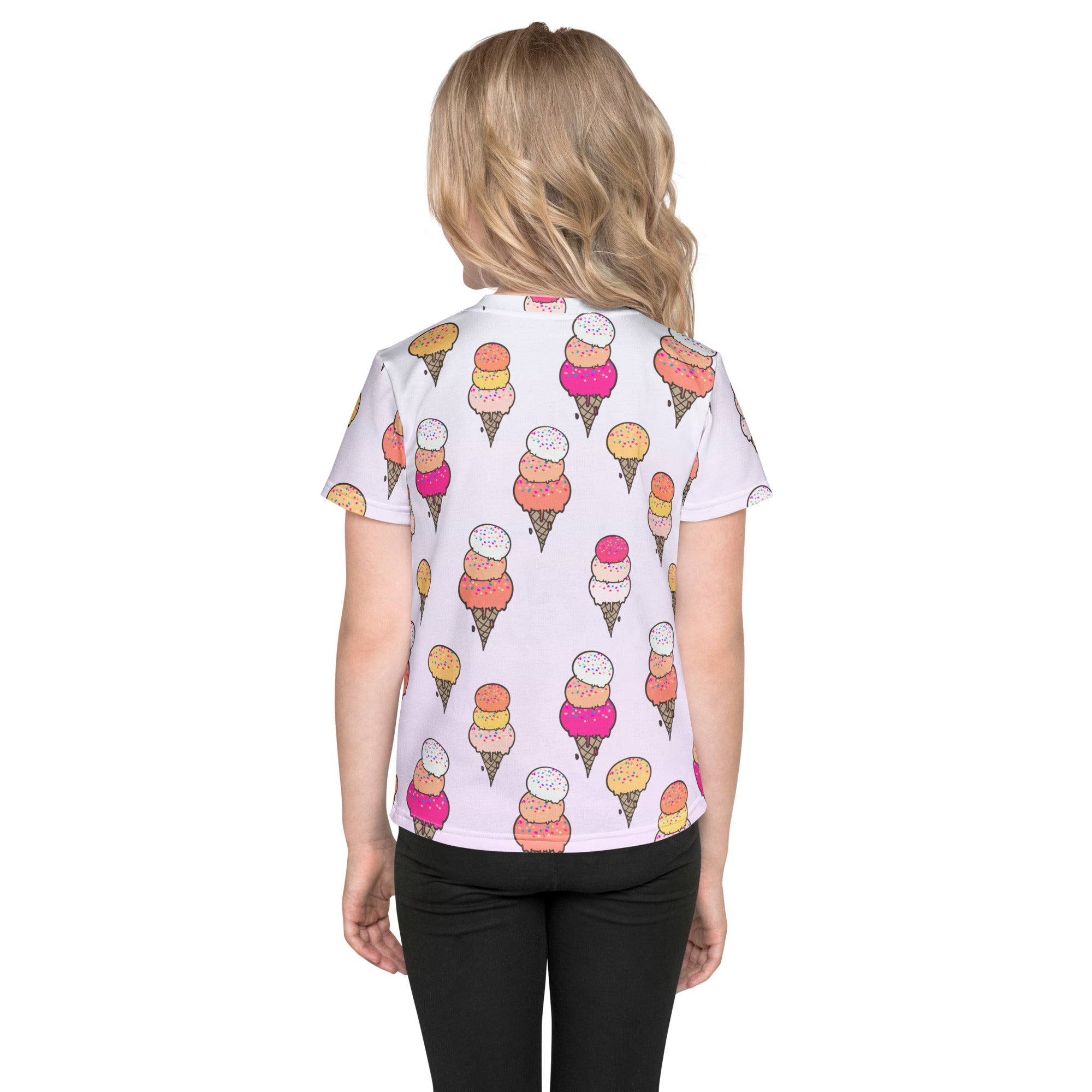 White short-sleeved girls ice cream cone t-shirt with colorful cartoon ice cream cone print in pink orange and yellow