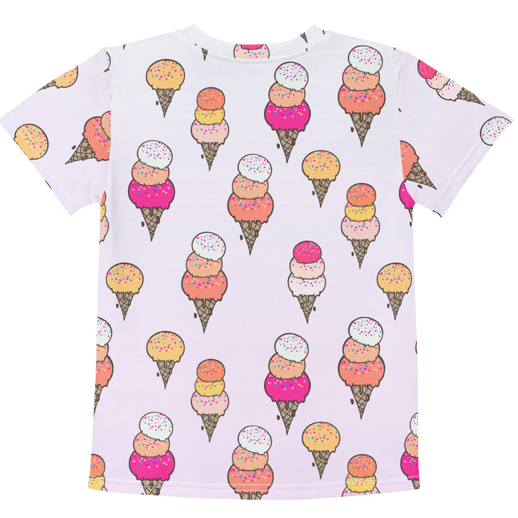 Girls ice cream cone t-shirt in white with colorful multi-scoop ice cream cone print and sprinkles all over