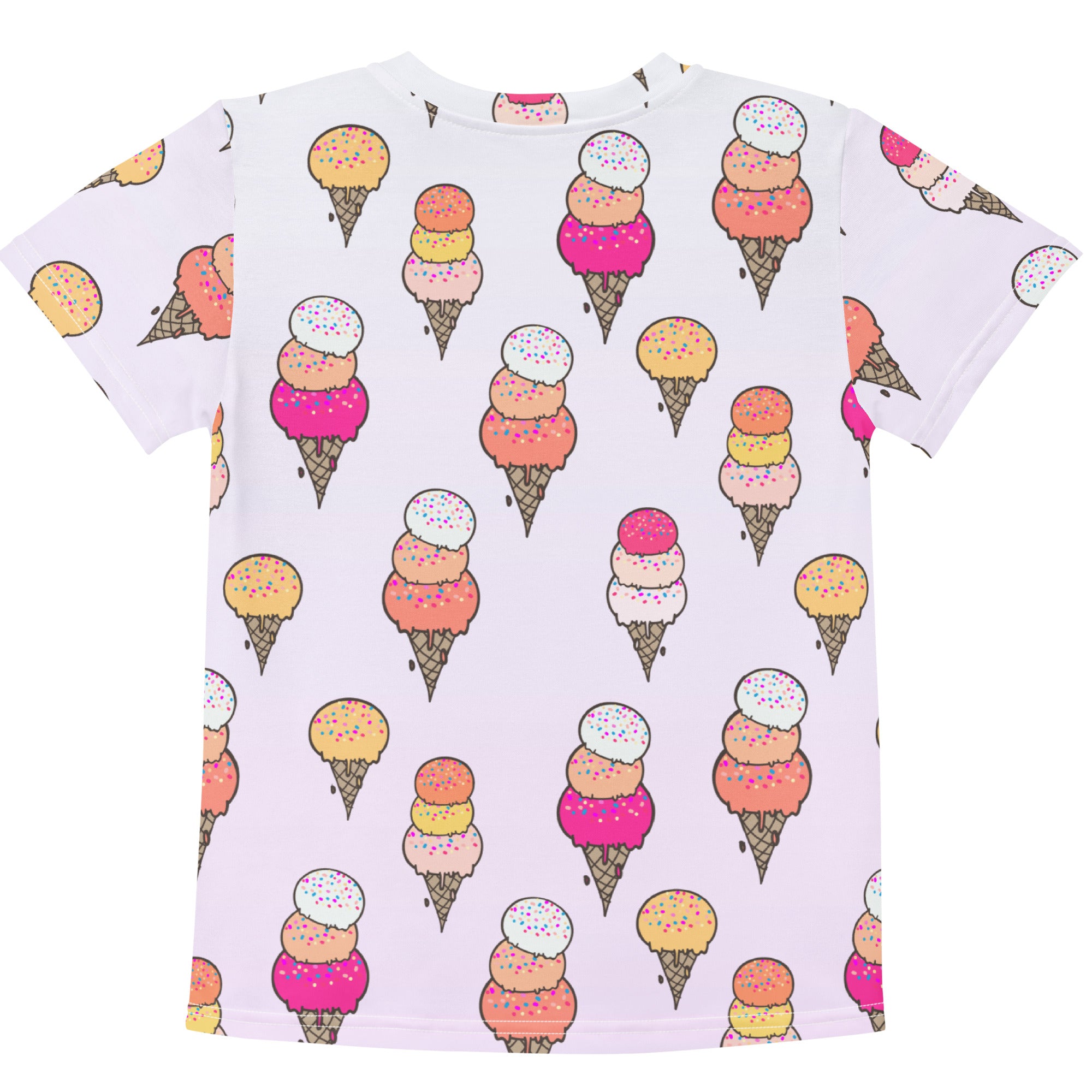 Girls ice cream cone t-shirt in white with colorful multi-scoop ice cream cone print and sprinkles all over