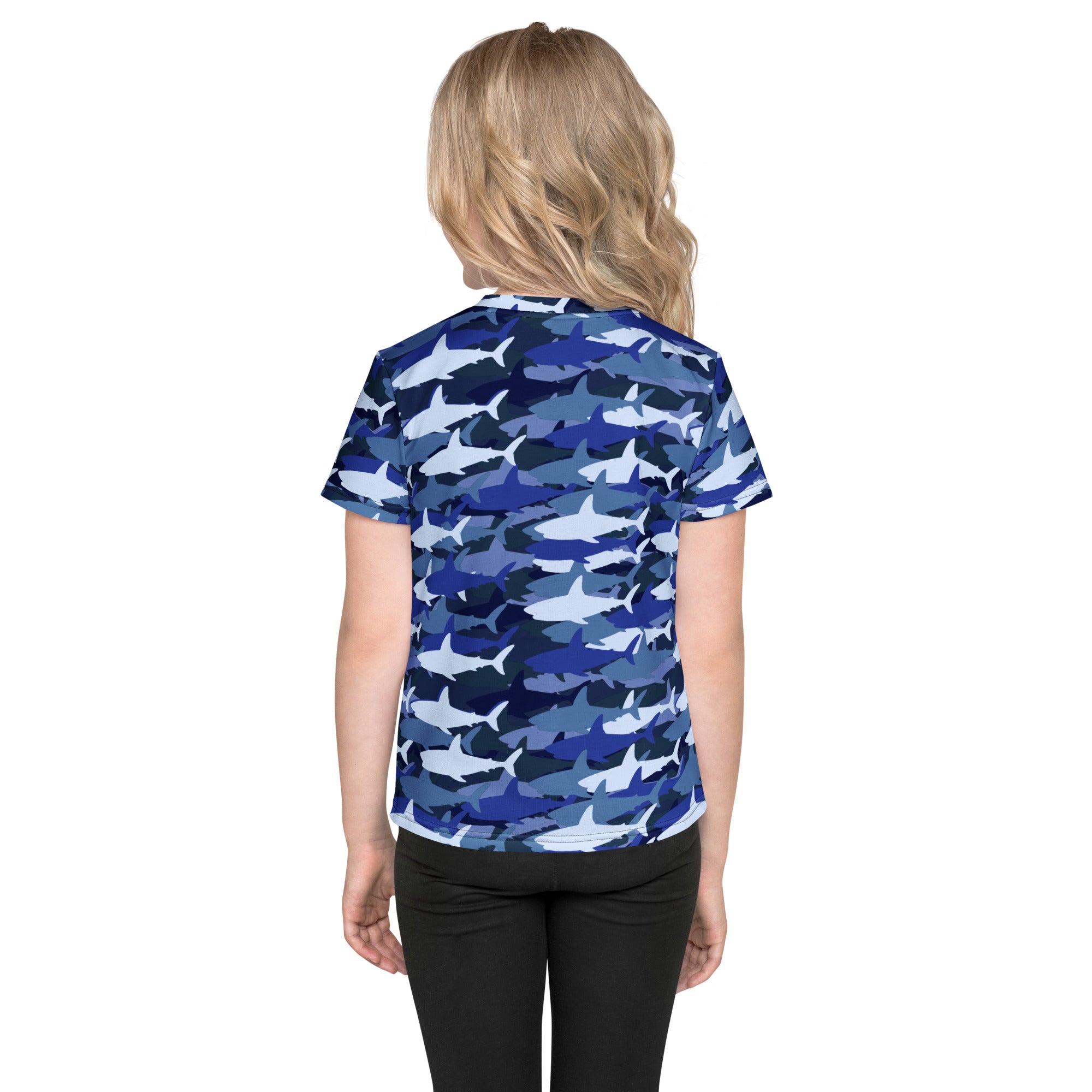 Kids blue shark t-shirt featuring blue and white shark camouflage design with short sleeves for casual wear