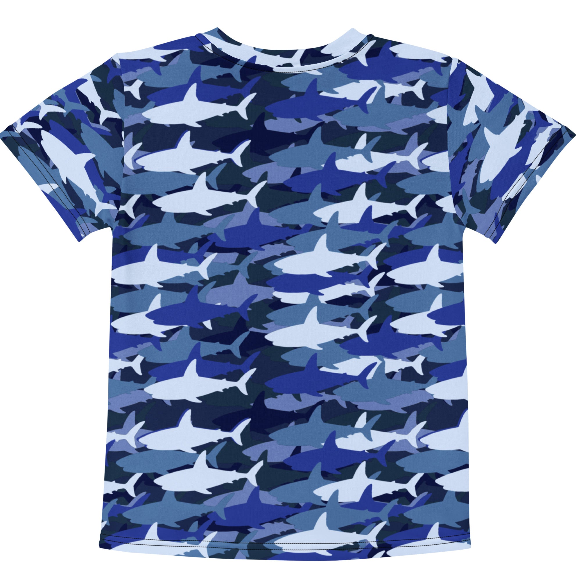 Kids blue shark t-shirt with blue and white shark camouflage pattern short-sleeved cotton tee