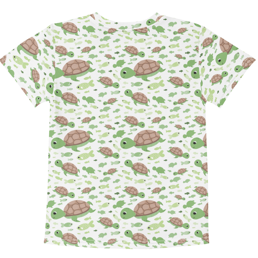 Kids green sea turtles t-shirt white short-sleeved cotton with playful all-over print of cartoon turtles and fish