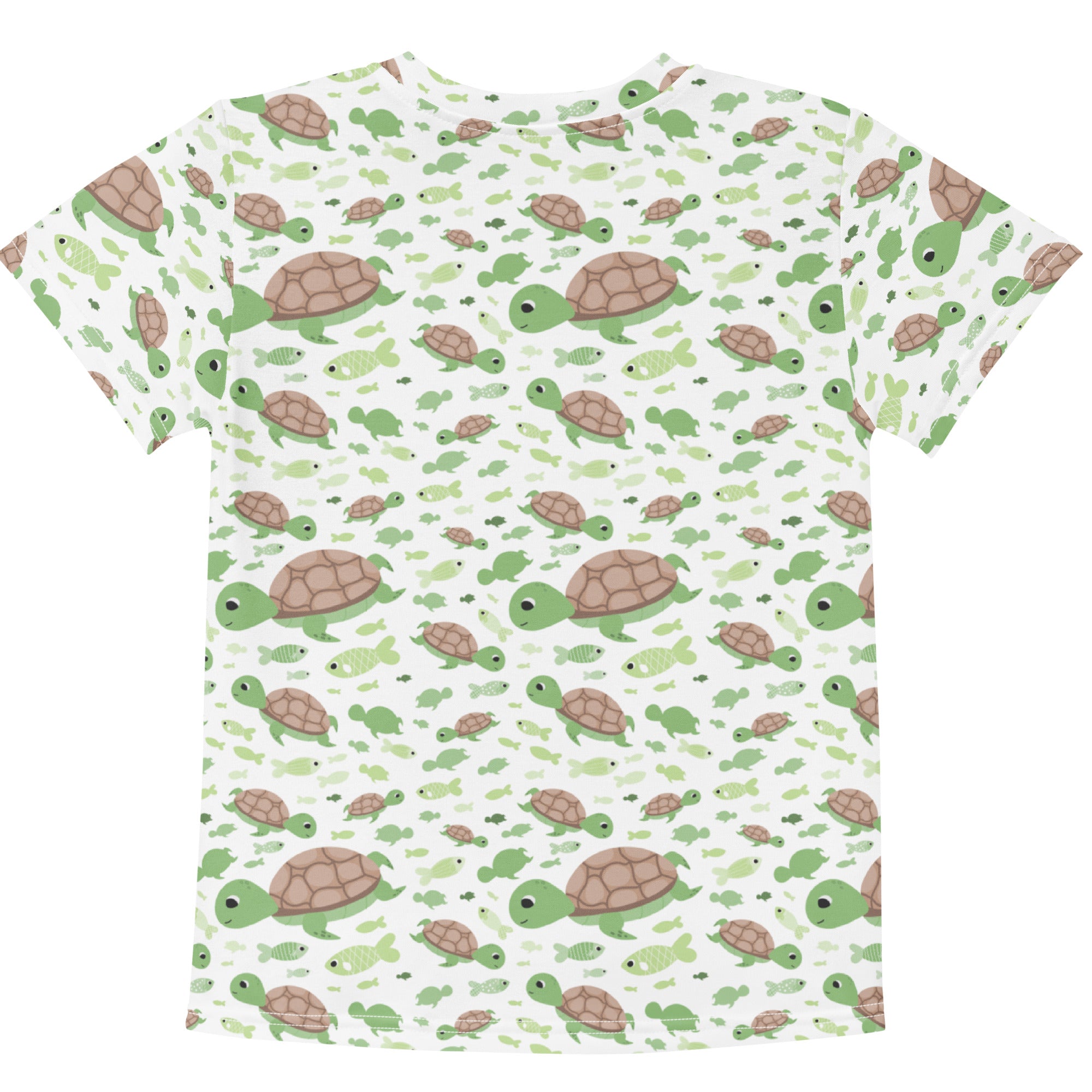 Kids green sea turtles t-shirt white short-sleeved cotton with playful all-over print of cartoon turtles and fish