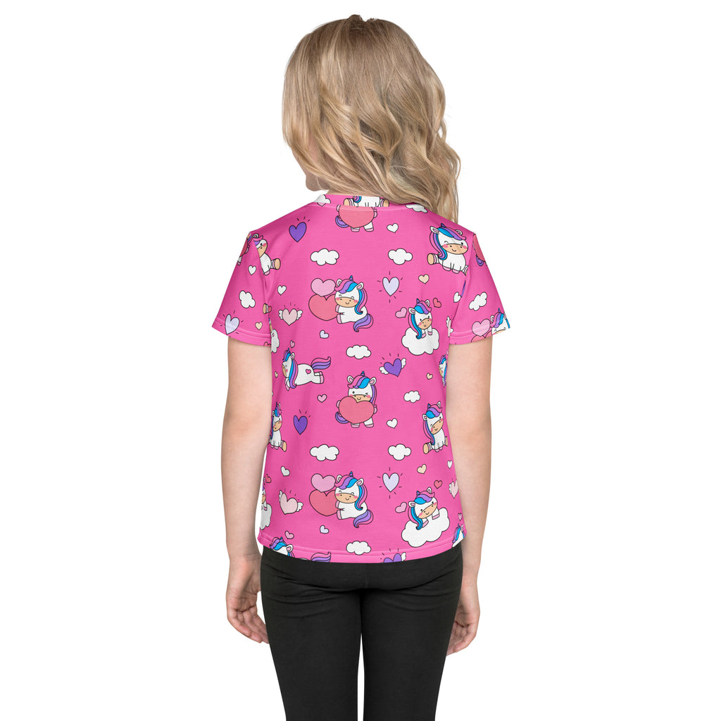 Girls pink short-sleeved t-shirt with a playful cartoon unicorn hearts and clouds pattern for casual wear