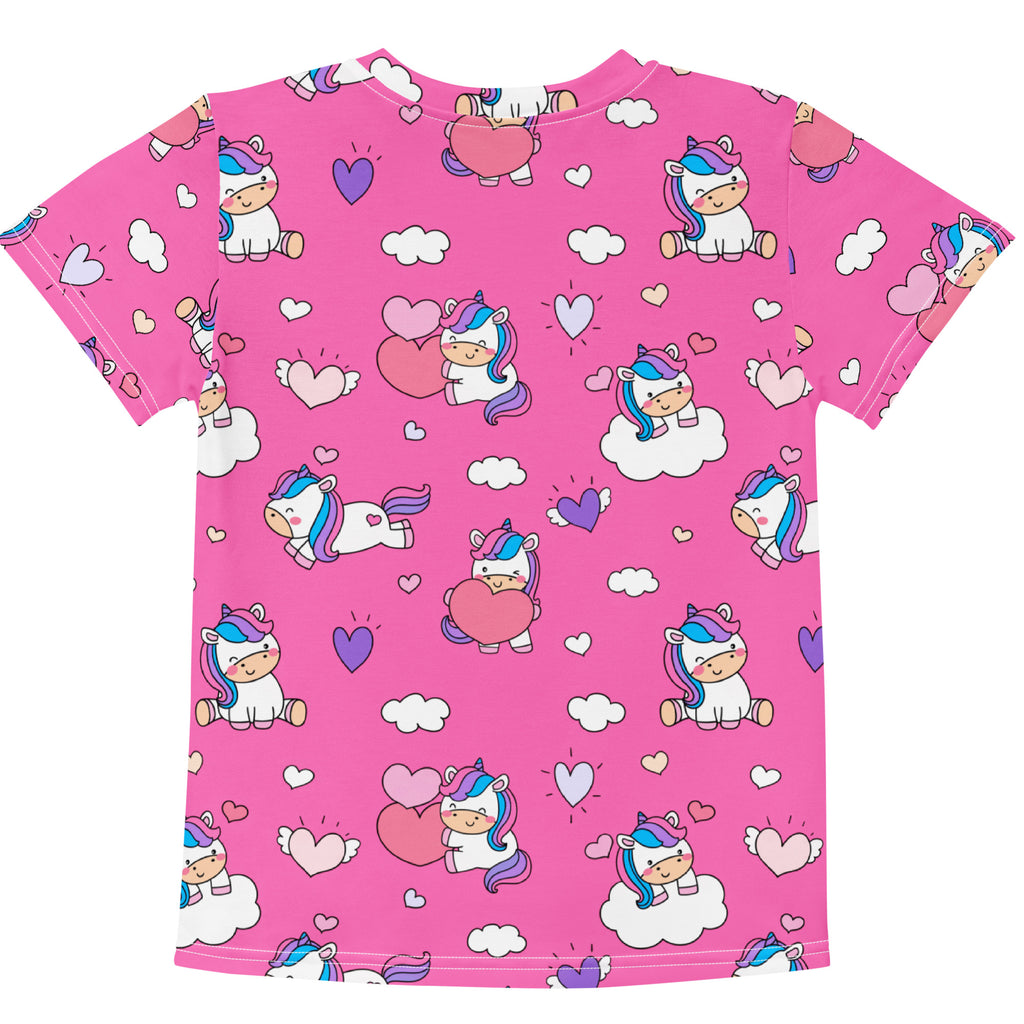 Girls pink short-sleeved t-shirt with playful all-over cartoon unicorns rainbow manes hearts and clouds print