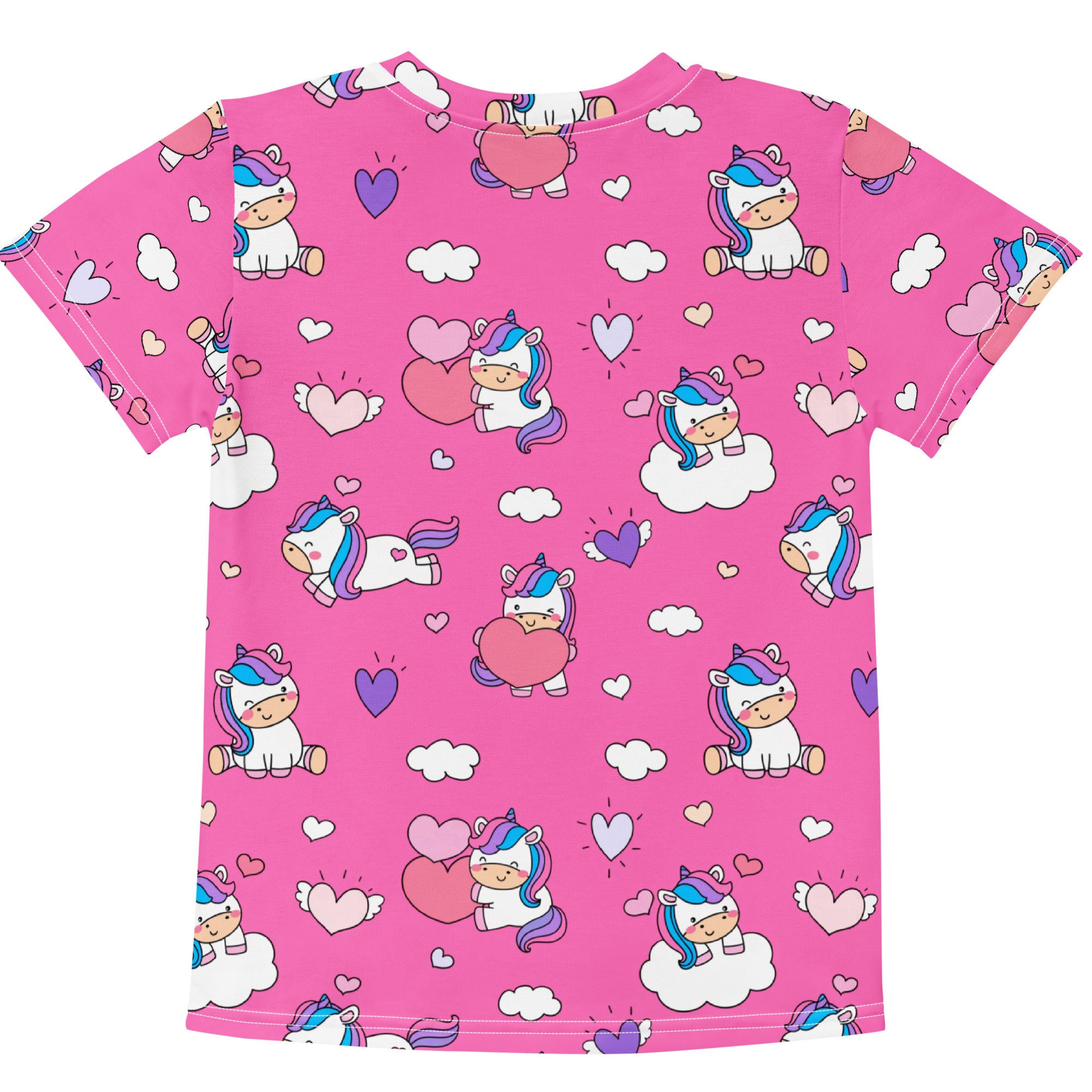 Girls pink short-sleeved t-shirt with playful all-over cartoon unicorns rainbow manes hearts and clouds print