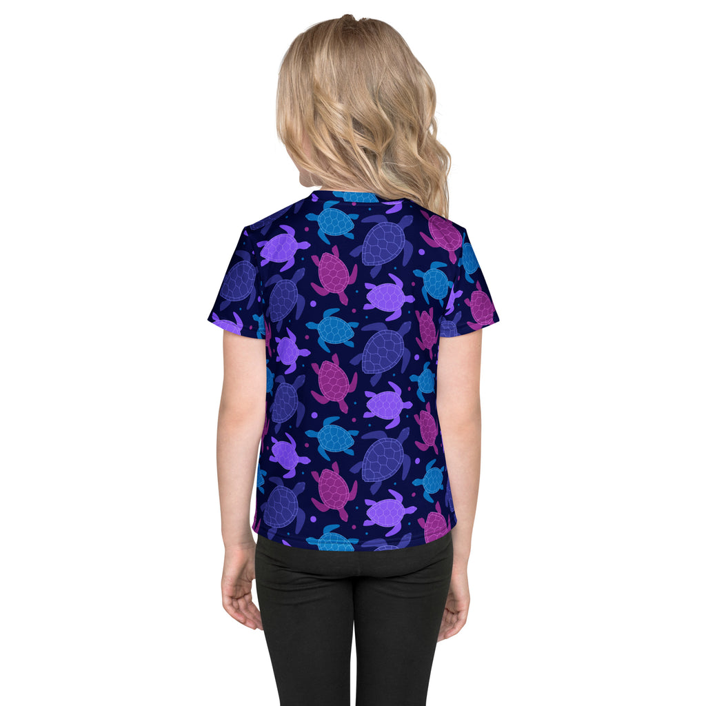 Girls purple sea turtle t-shirt in navy blue with short sleeves and vibrant purple pink and teal sea turtle pattern