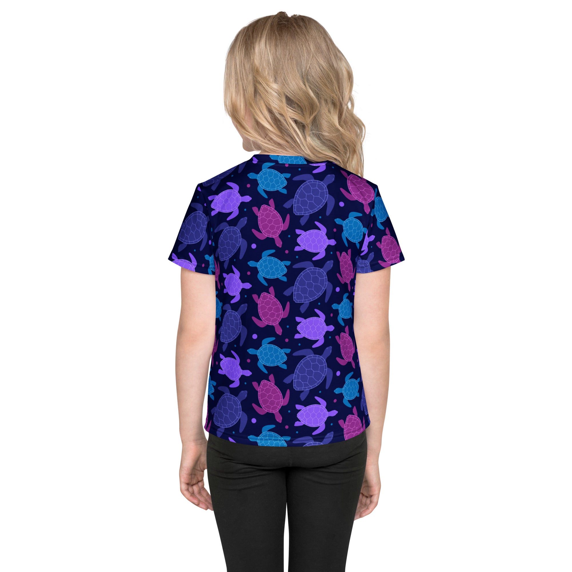 Girls purple sea turtle t-shirt in navy blue with short sleeves and vibrant purple pink and teal sea turtle pattern