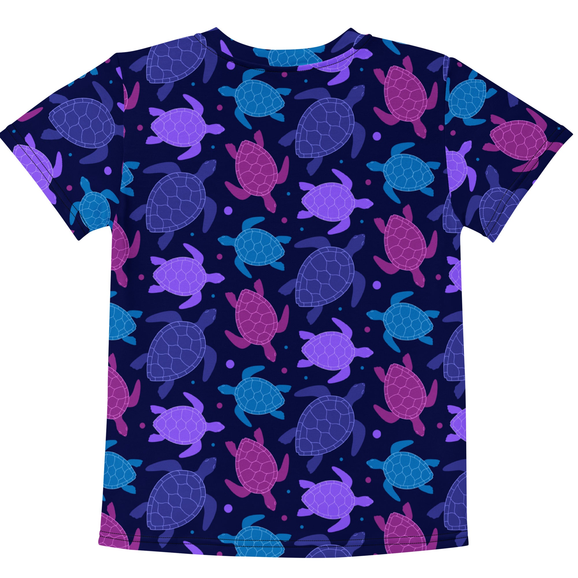 Girls purple sea turtle t-shirt navy blue short-sleeved with vibrant all-over purple pink teal sea turtle print