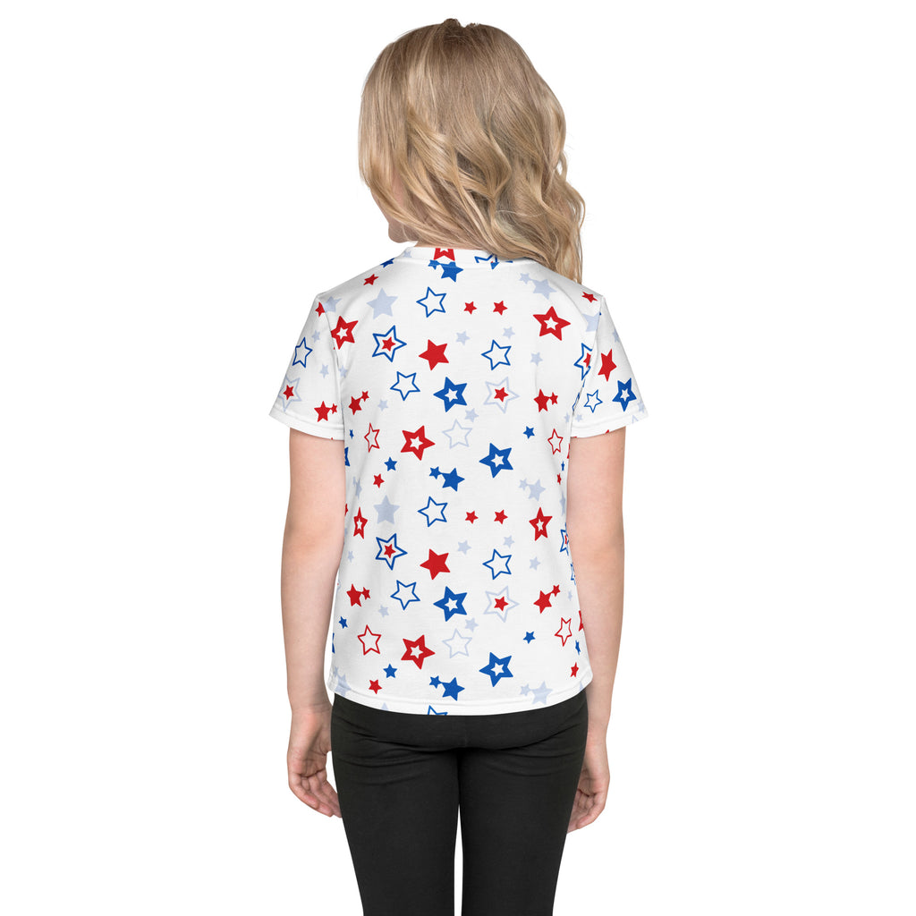 White short-sleeved girls t-shirt with playful red blue and silver stars pattern for kids summer wear