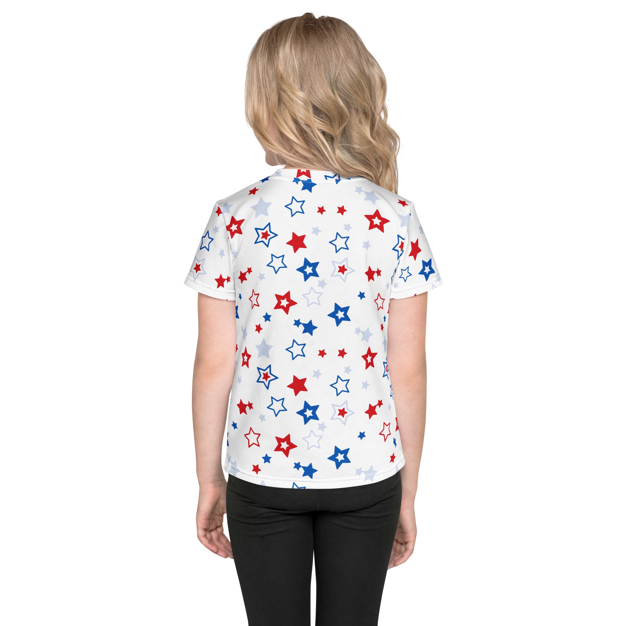 White short-sleeved girls t-shirt with playful red blue and silver stars pattern for kids summer wear