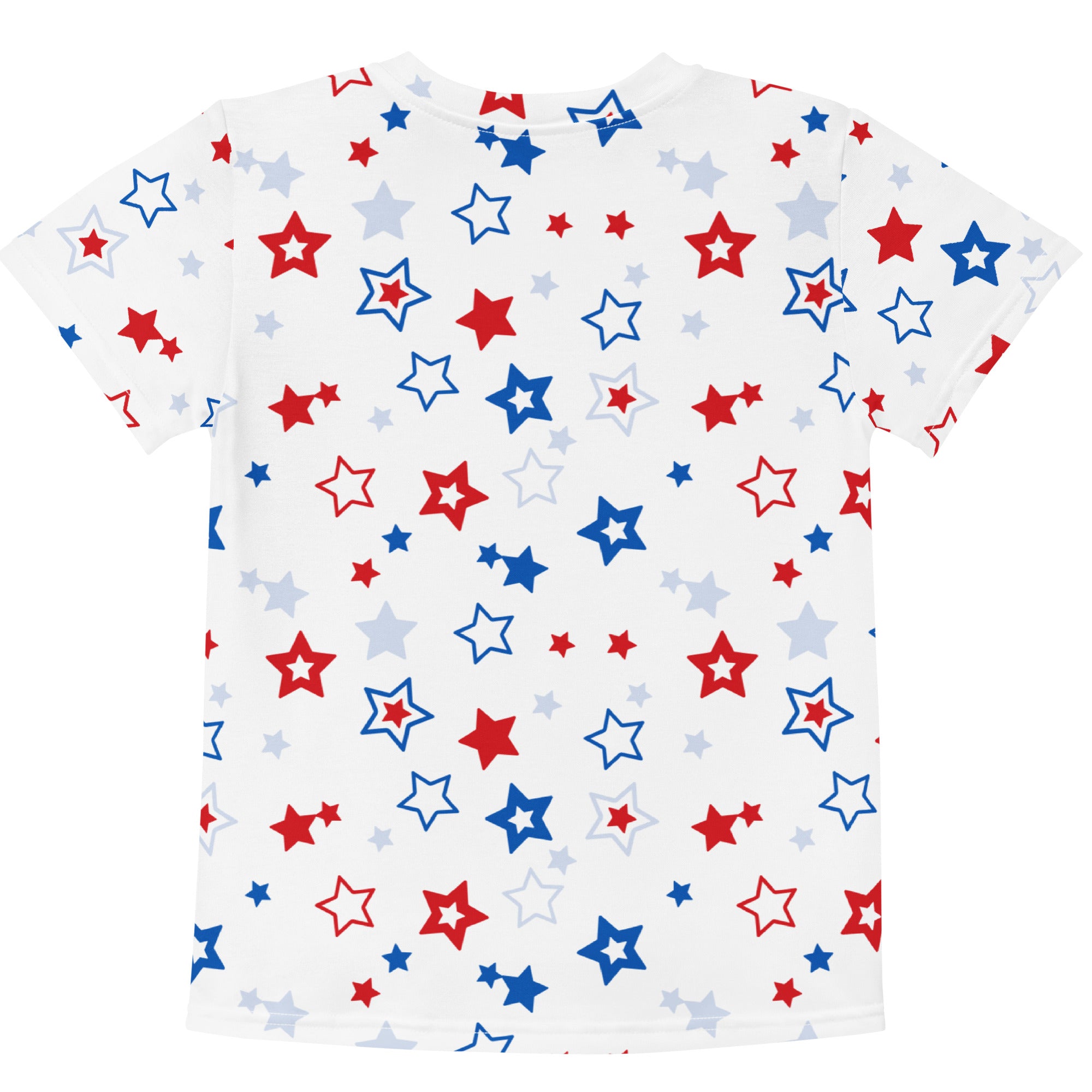 White kids t-shirt with vibrant red blue and light gray star print in various sizes for patriotic wear