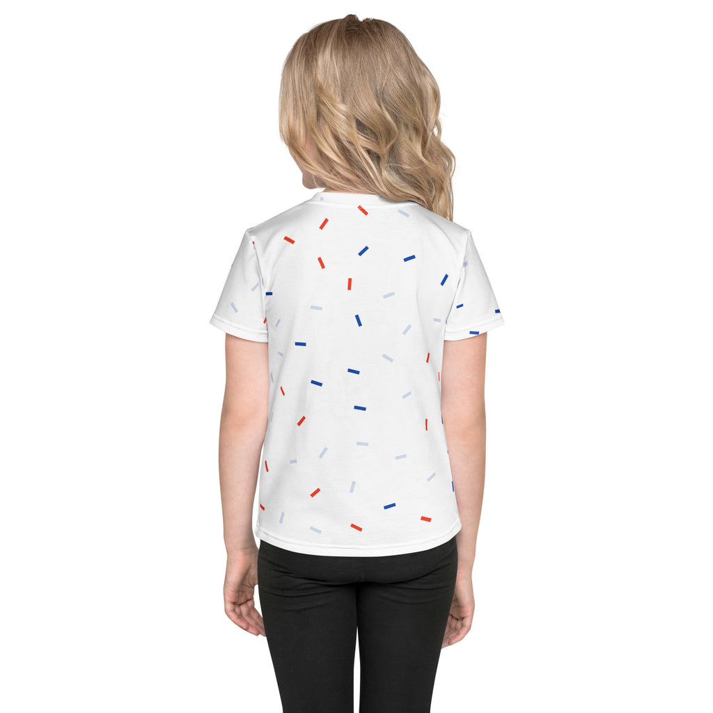 White short-sleeved girls t-shirt with red blue and gray confetti stripes in kids red white and blue sprinkles t-shirt design