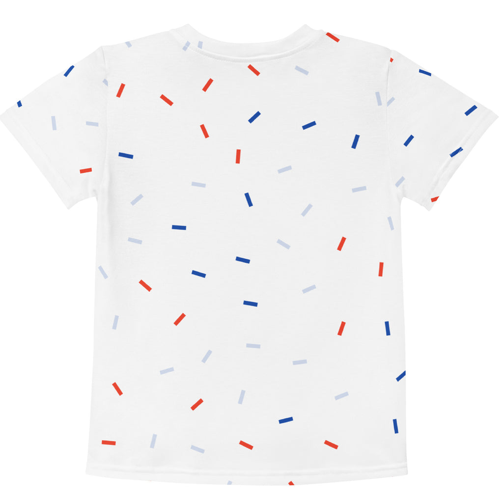 Kids red white and blue sprinkles t-shirt with playful scattered red blue and gray rectangular stripes design