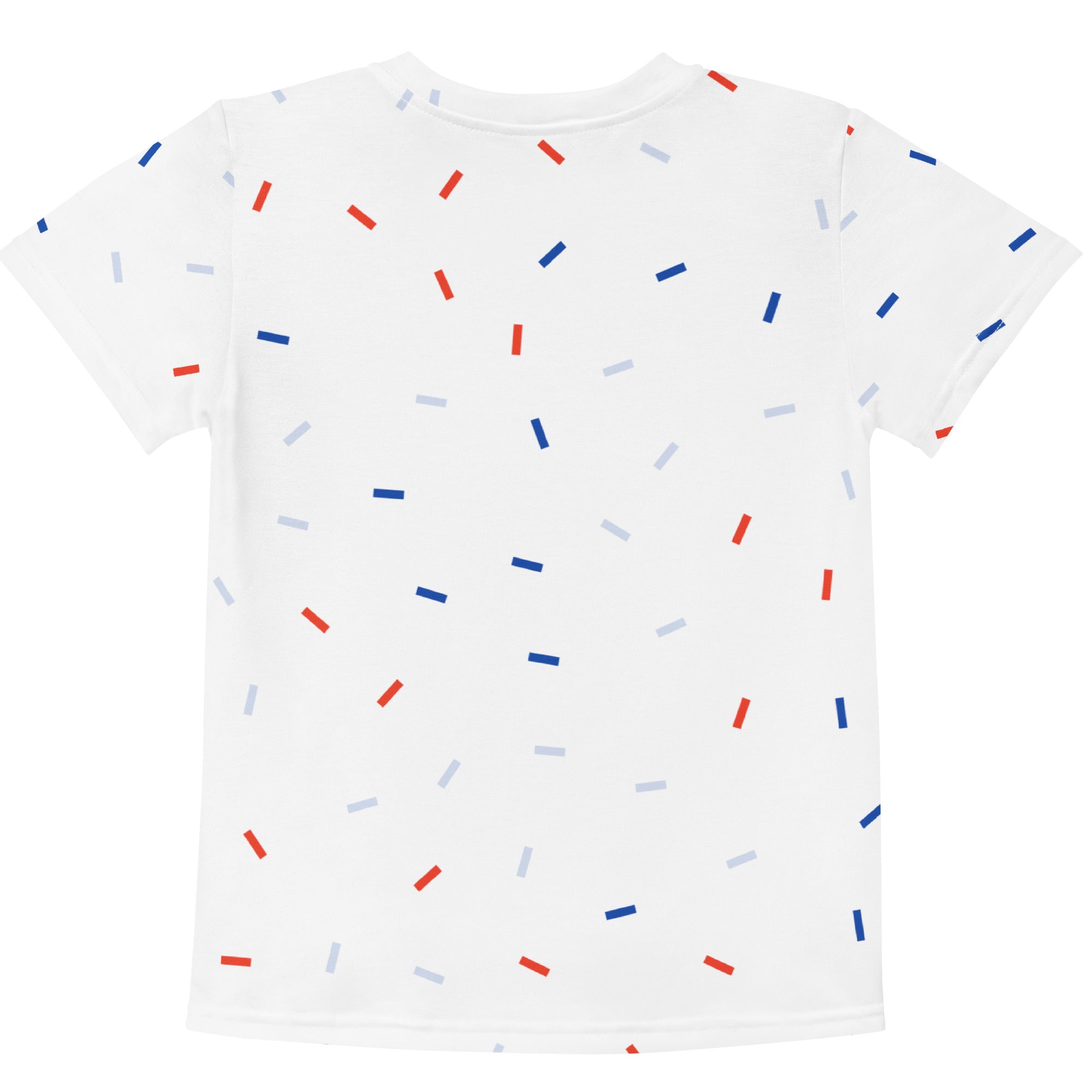 Kids red white and blue sprinkles t-shirt with playful scattered red blue and gray rectangular stripes design