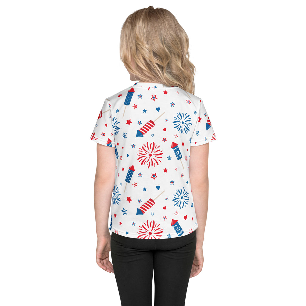 White kids short-sleeved t-shirt with red and blue fireworks stars and hearts playful pattern