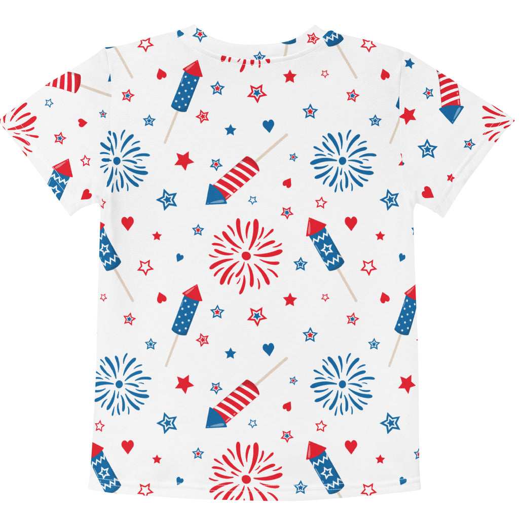 White kids t-shirt with vibrant red white and blue fireworks pattern featuring stars and hearts for festive wear