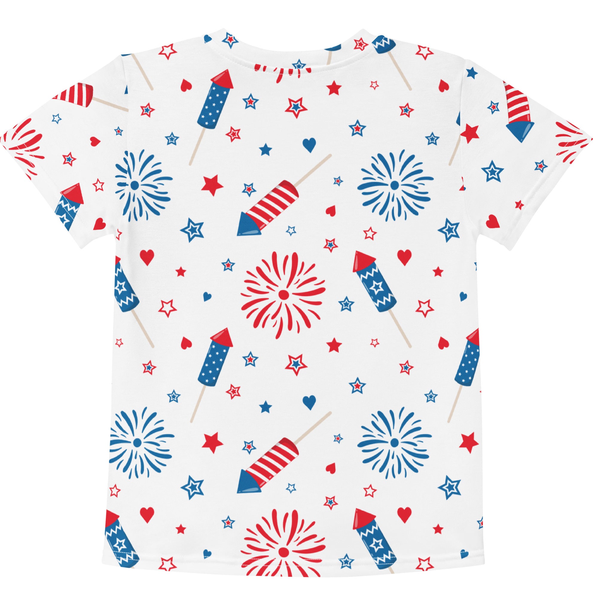 White kids t-shirt with vibrant red white and blue fireworks pattern featuring stars and hearts for festive wear