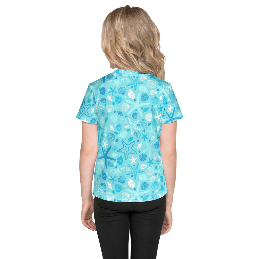 Kids ocean starfish t shirt turquoise short sleeved cotton with playful white and blue starfish and seashell pattern