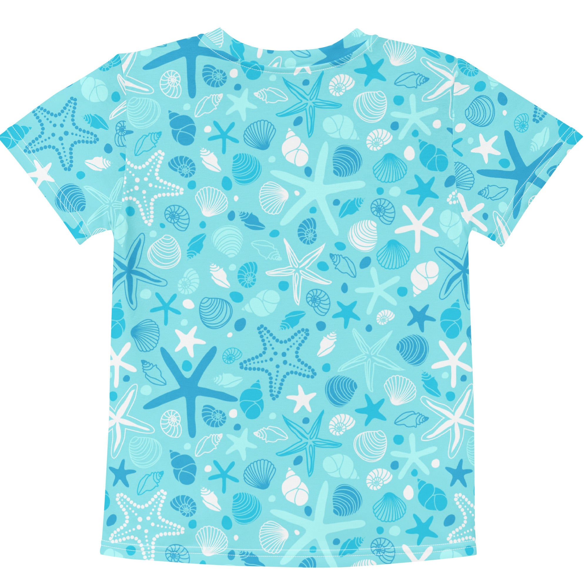 Kids ocean starfish t-shirt in light blue with playful starfish and seashell print in blue white and teal