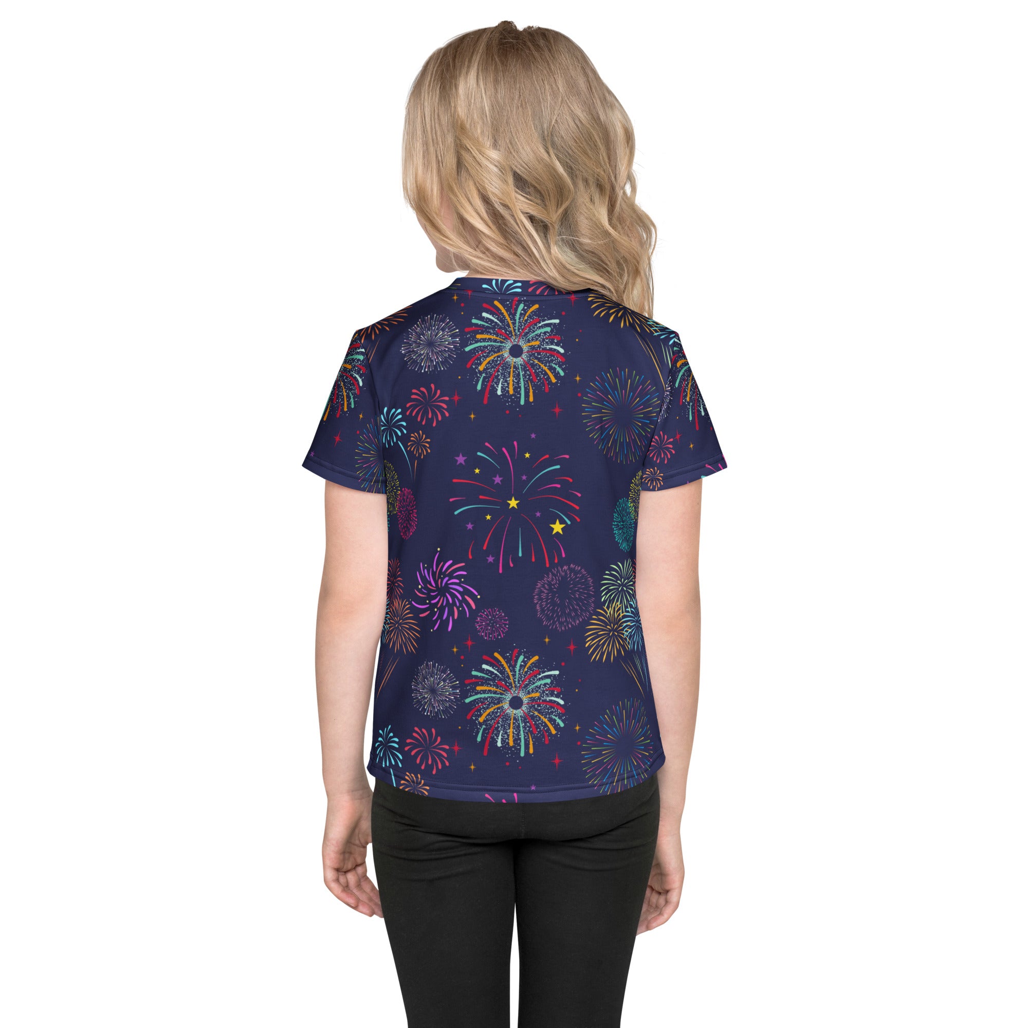 Navy blue kids short-sleeved t-shirt with vibrant pink purple teal and gold fireworks all-over print