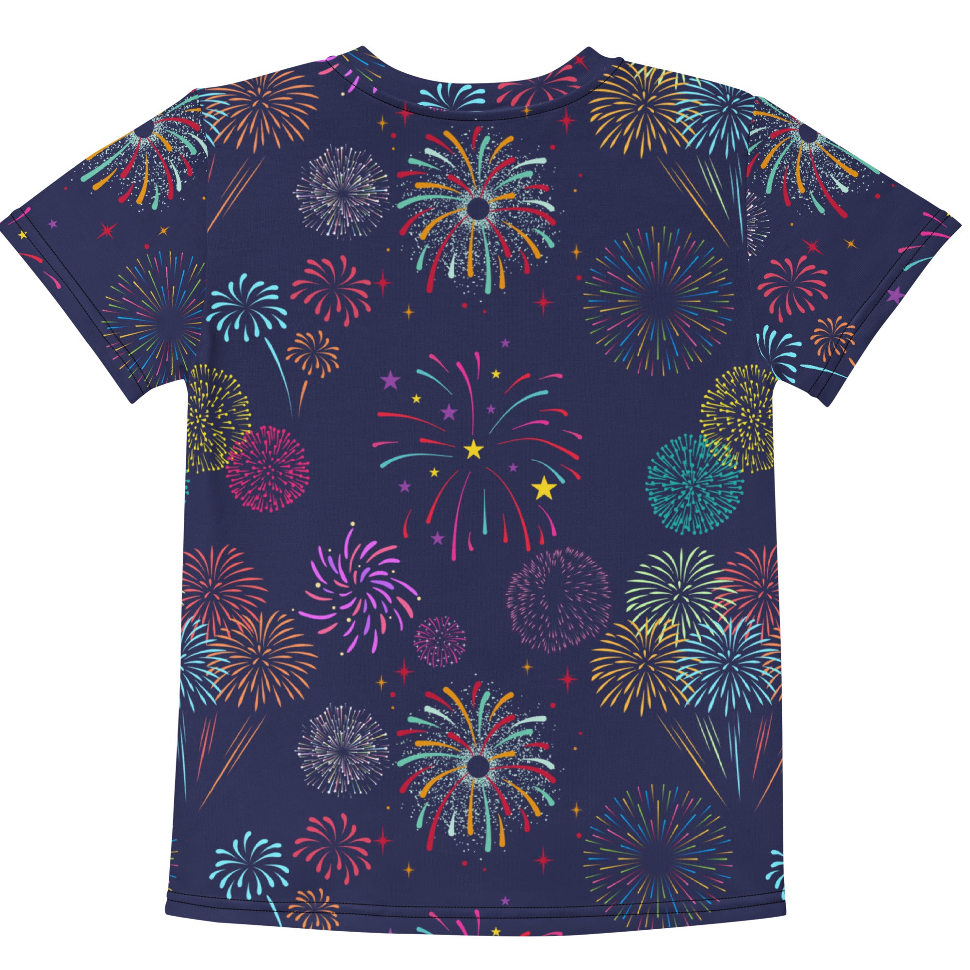 Kids colorful fireworks t-shirt navy blue short-sleeved with vibrant pink yellow teal and orange fireworks print