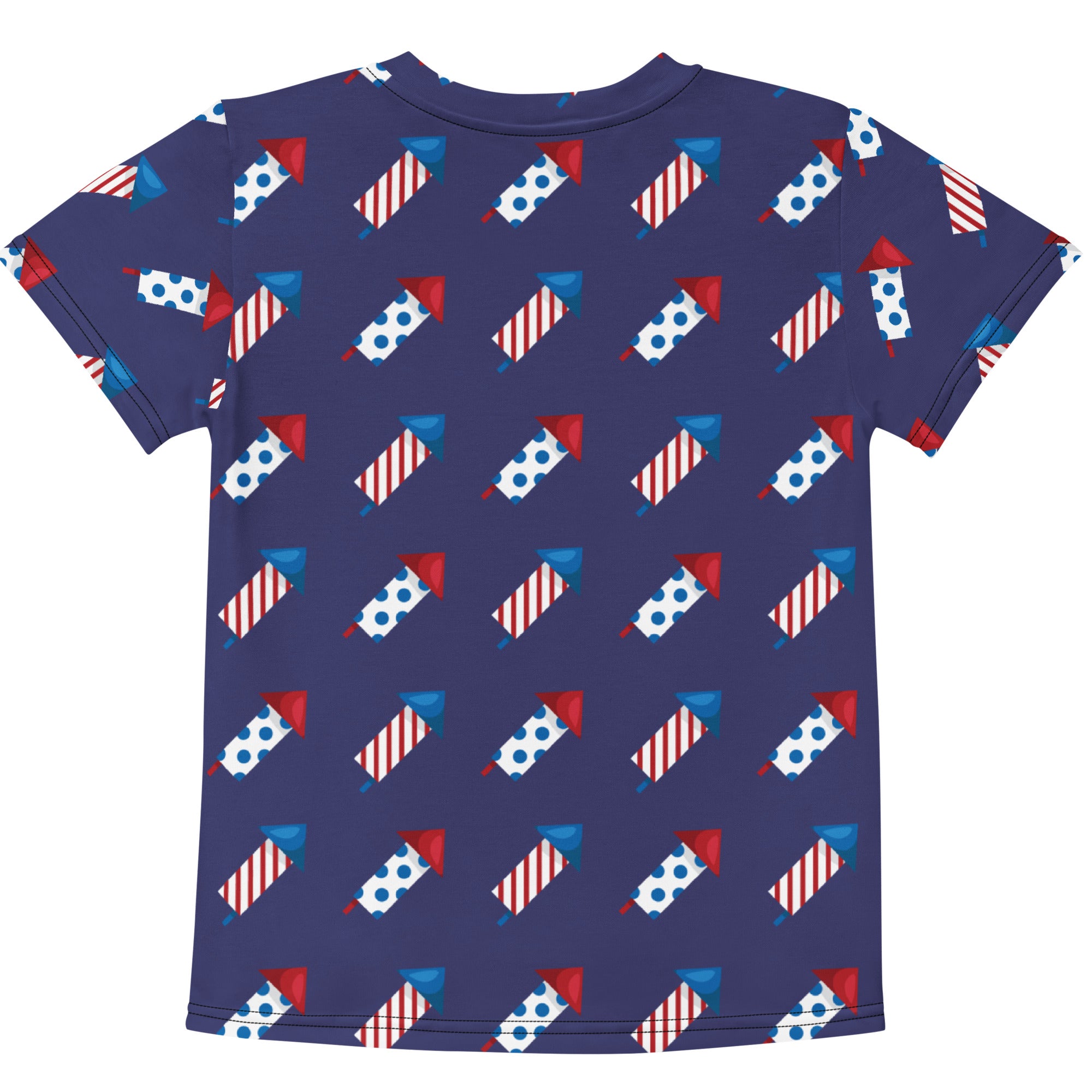 Navy blue kids short-sleeved t-shirt with red white and blue stylized fireworks pattern ideal for celebrations