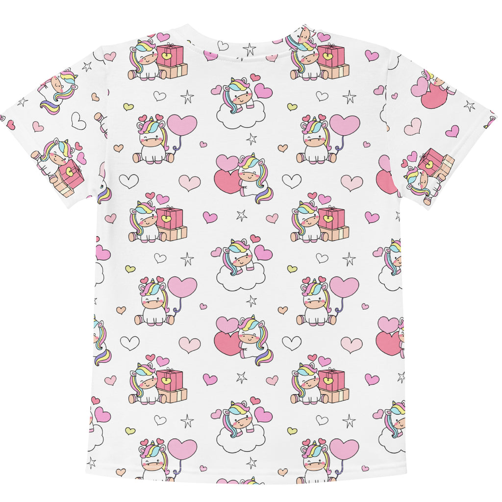 White girls short-sleeved cotton t-shirt with playful unicorns holding balloons and sitting by gifts birthday design