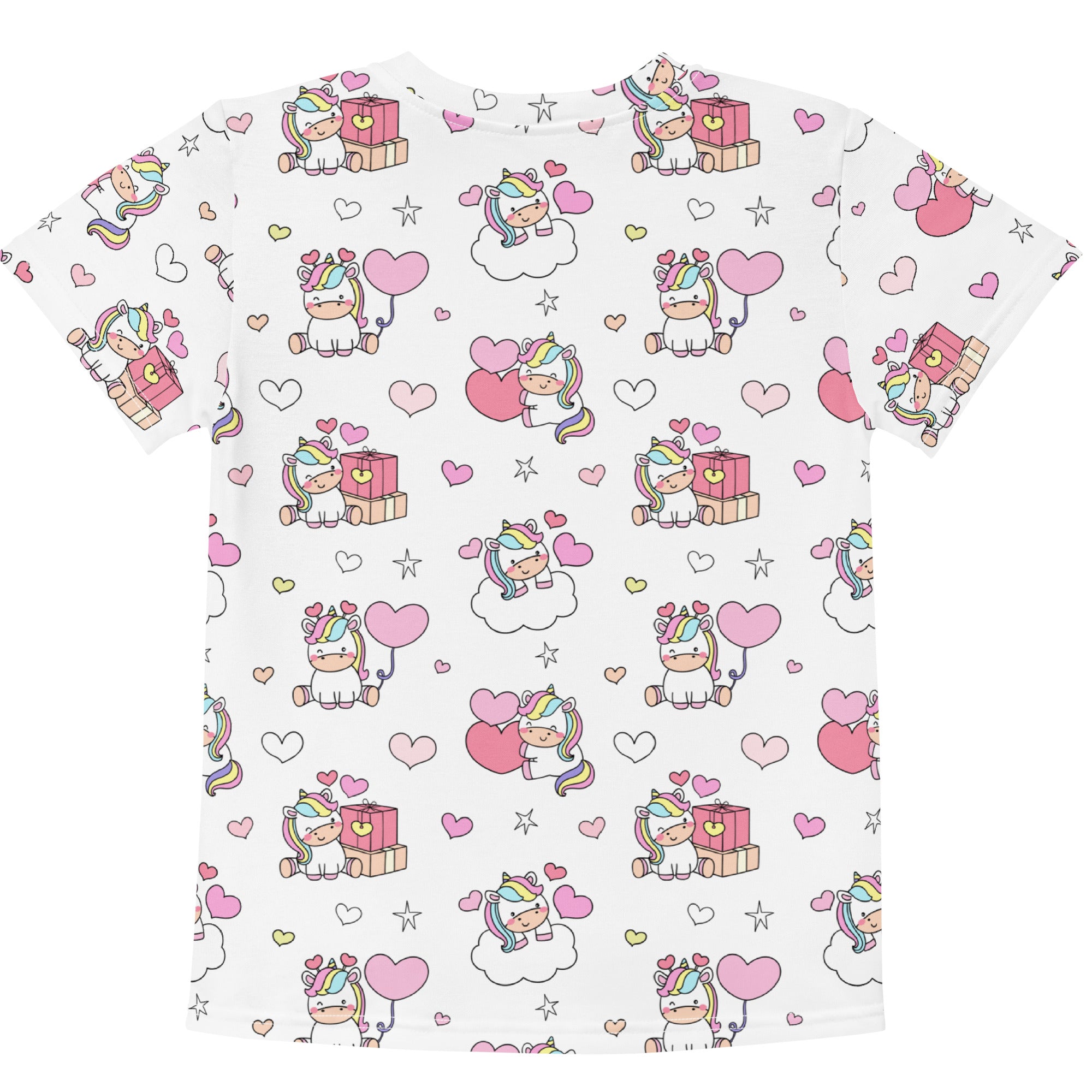 White girls short-sleeved cotton t-shirt with playful unicorns holding balloons and sitting by gifts birthday design
