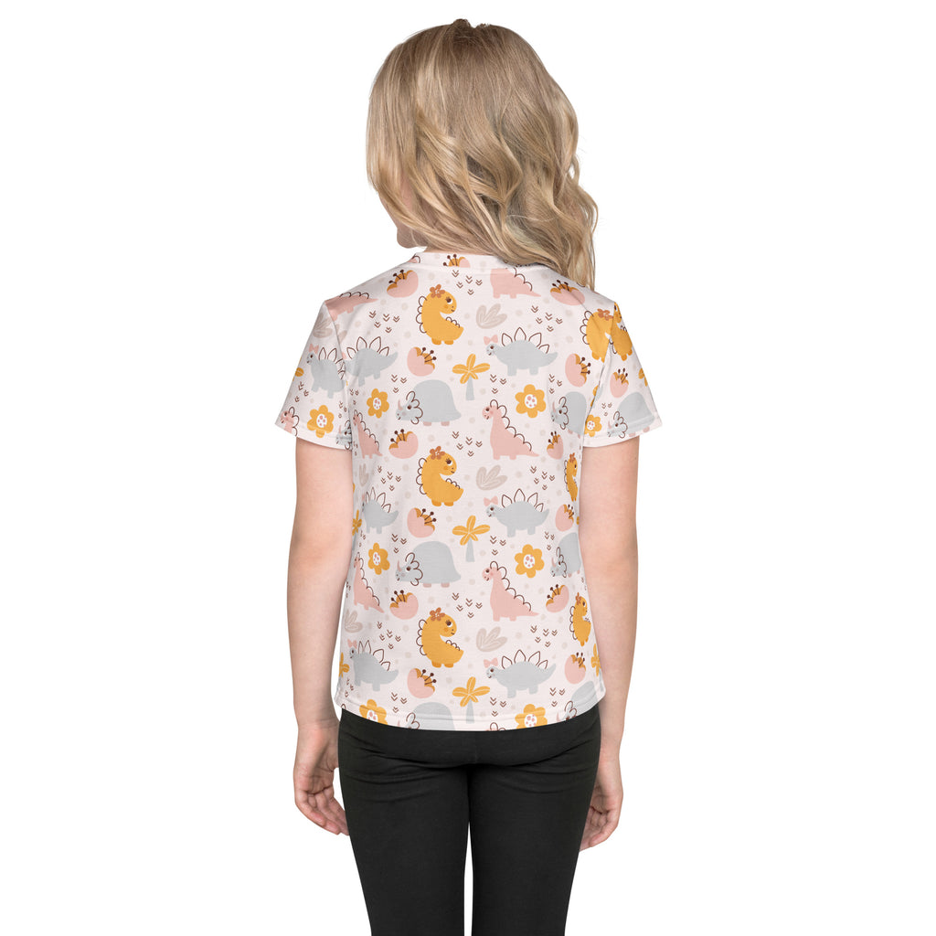 Girls floral dinosaur t-shirt with short sleeves featuring playful yellow pink and gray dinosaur and flower patterns