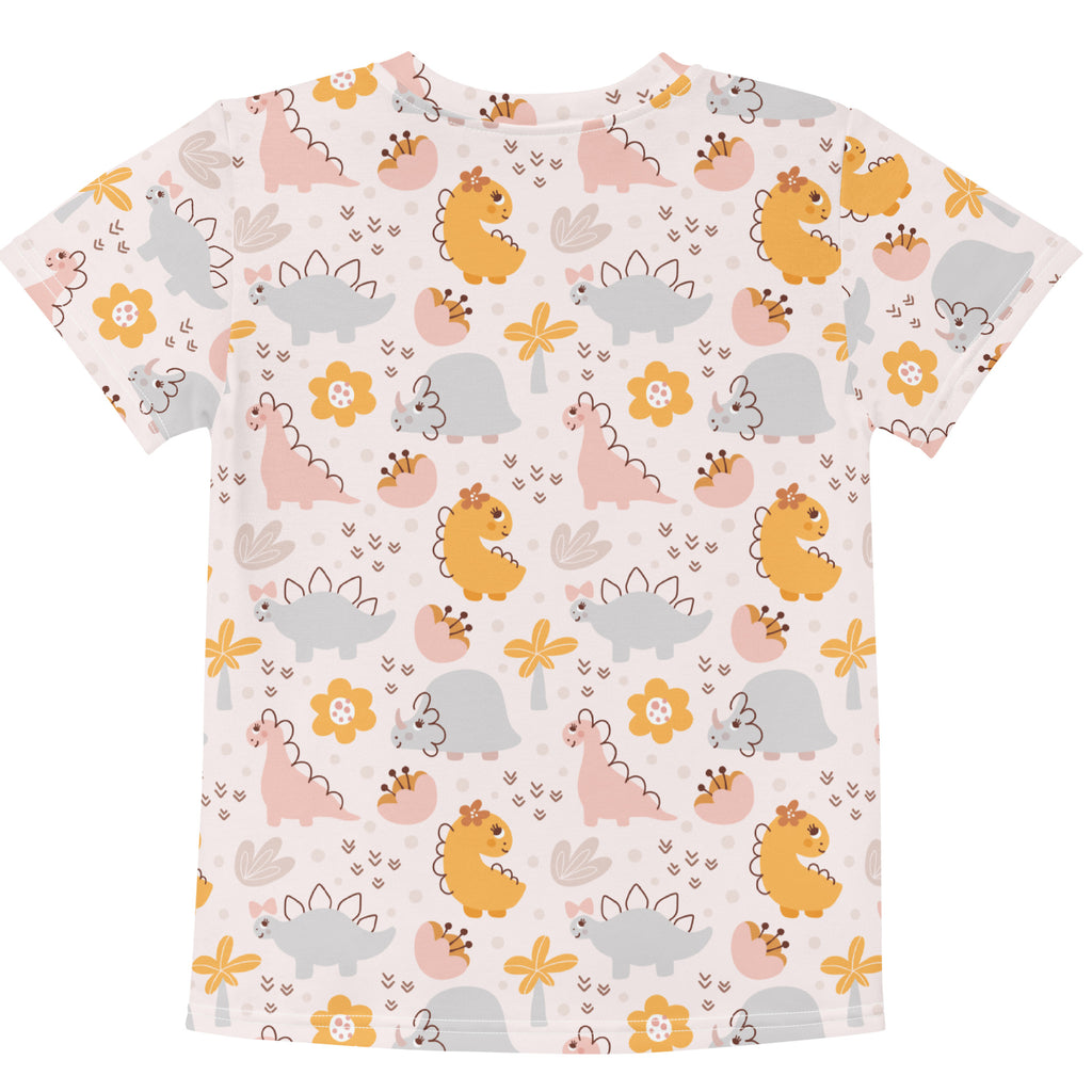 Girls floral dinosaur t-shirt soft short-sleeved pastel cartoon dinosaur and flower pattern on light background