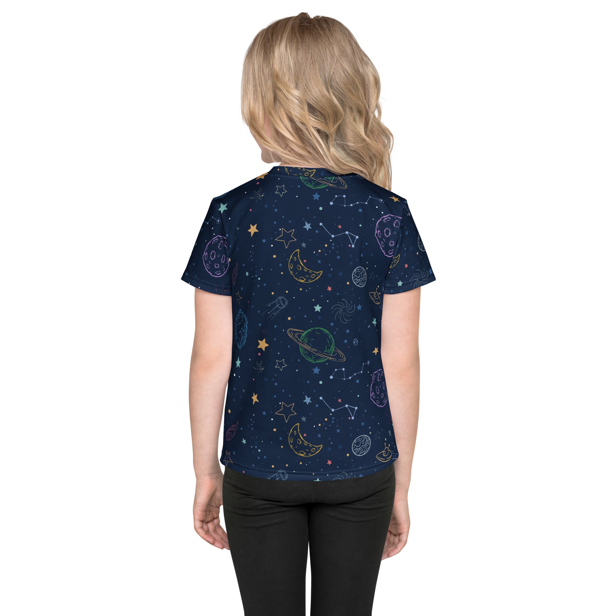 A navy blue short-sleeved kids t-shirt with colorful space-themed stars moons planets and constellations print