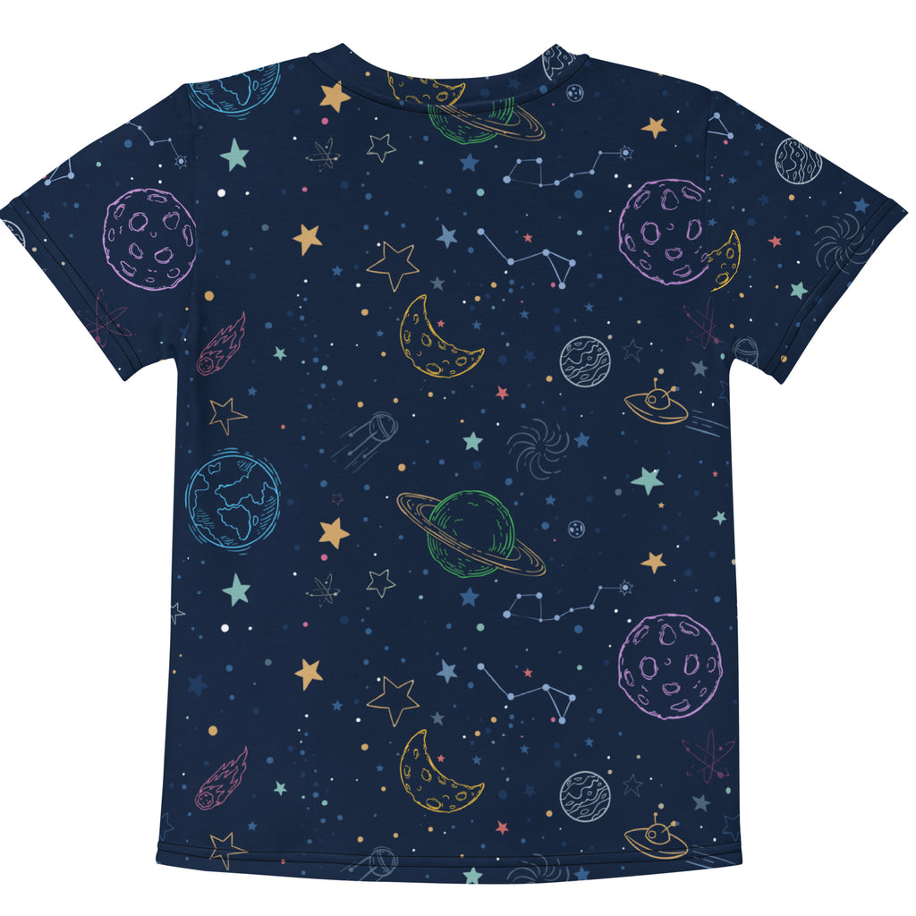 Kids colorful galaxy t-shirt dark blue short-sleeved with vibrant pastel planets stars moons and constellations design