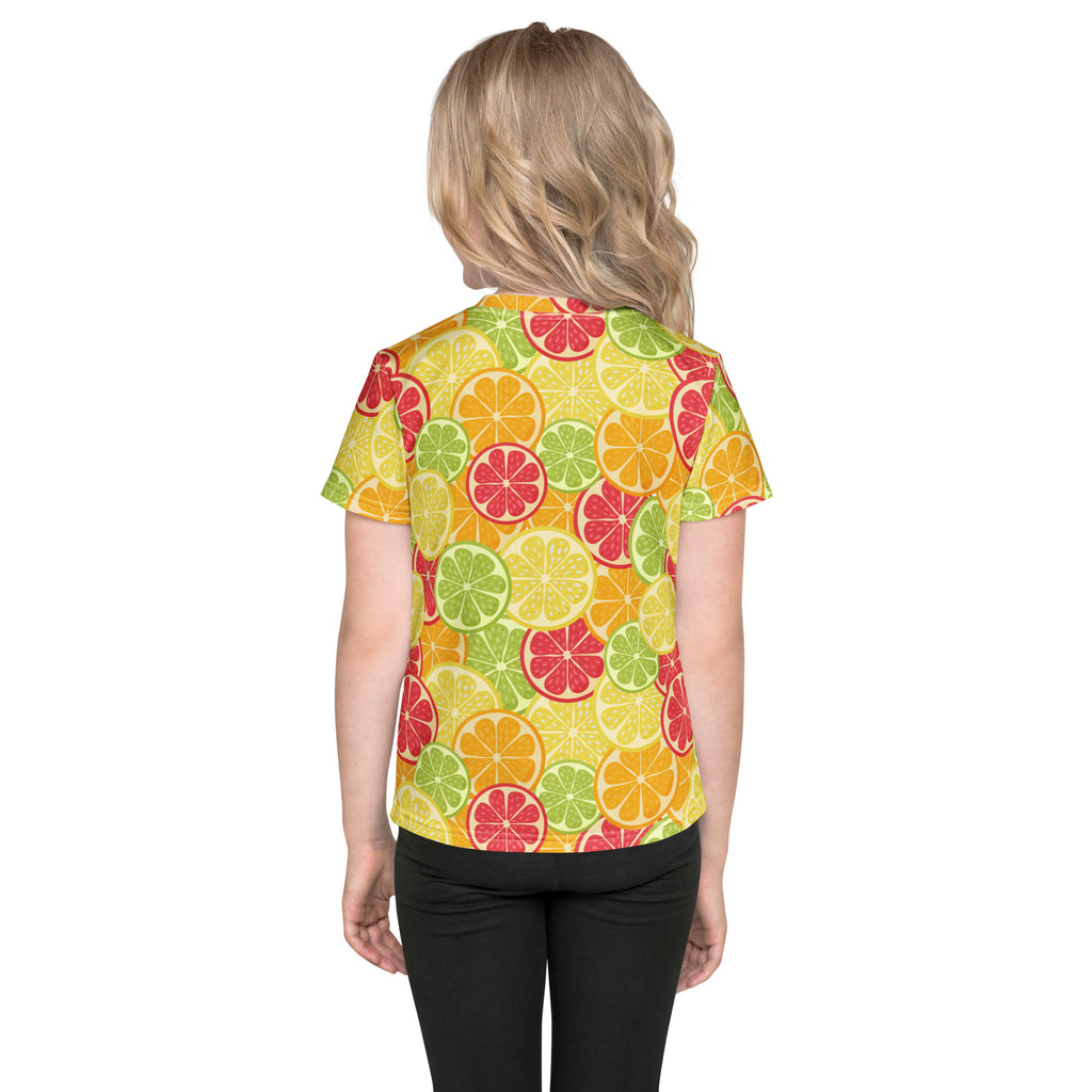 Kids citrus fruit t-shirt featuring a vibrant yellow short-sleeved design with sliced red green and orange citrus patterns