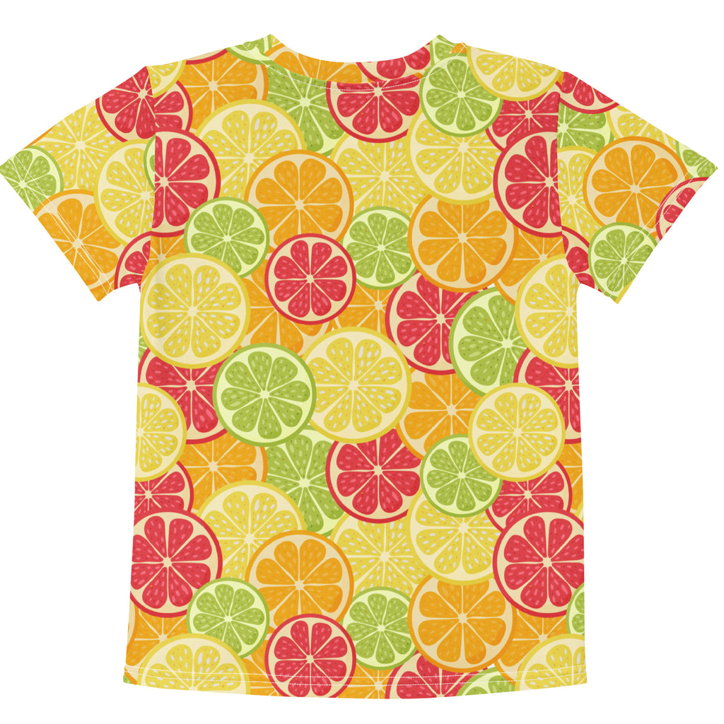 Kids citrus fruit t-shirt with vibrant short sleeves and all-over sliced citrus print in yellow green and red hues