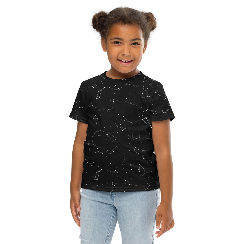 Kids realistic constellations t-shirt black short-sleeved cotton with white constellation pattern for kids