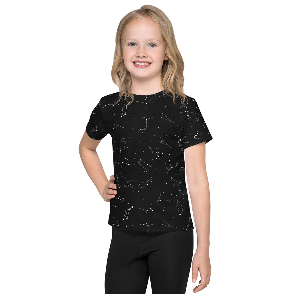 Kids realistic constellations black short-sleeved t-shirt with white constellation pattern for casual wear