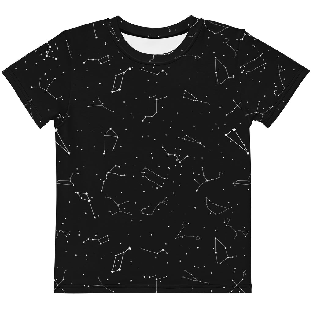Kids realistic constellations t-shirt black short-sleeved cotton fabric with white constellation print all over