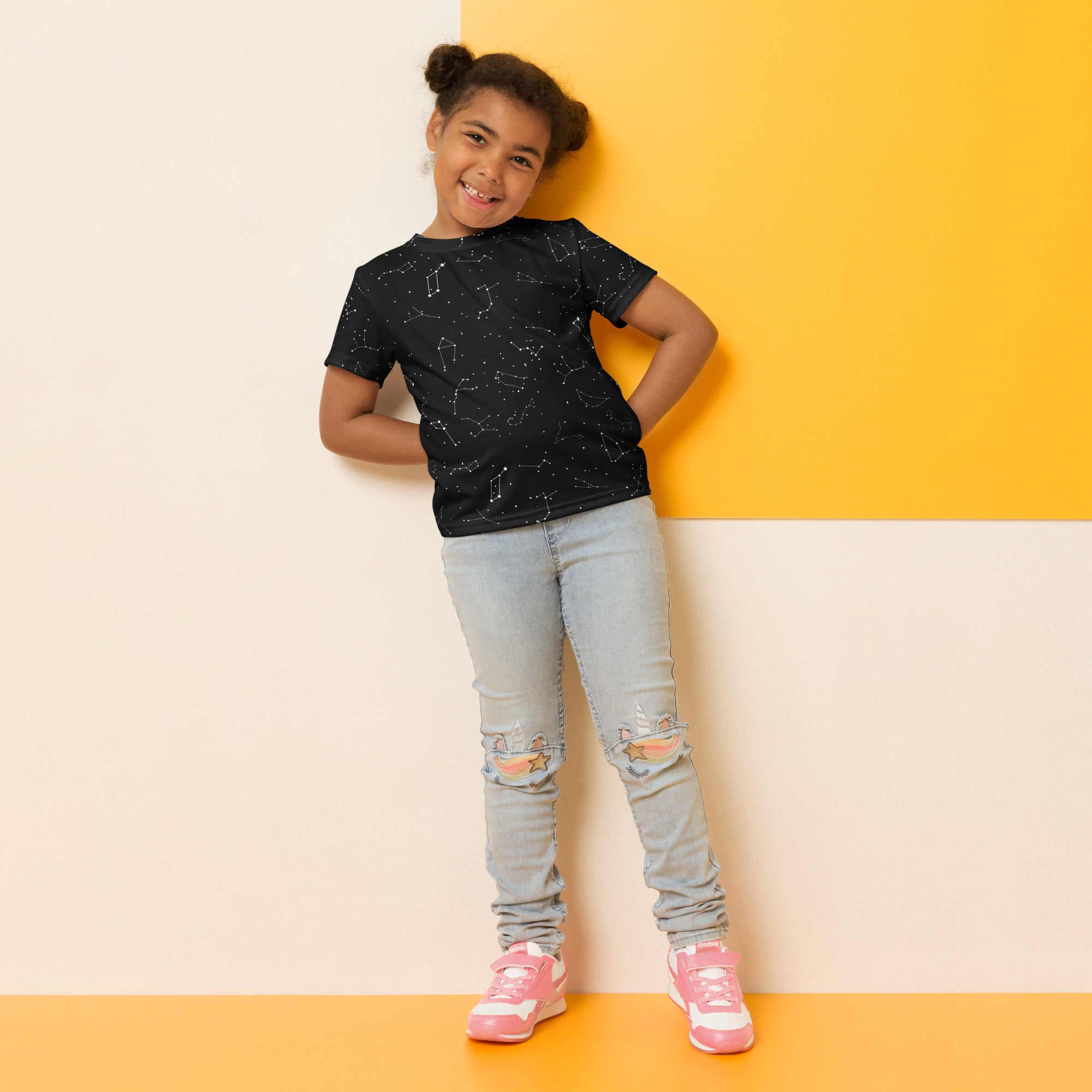 Kids realistic constellations black t-shirt with white pattern made of soft cotton for space-loving children